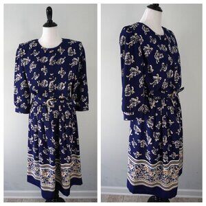 Vtg Breli Original Blue White Floral Print Belted Elastic Waist Button Dress 18